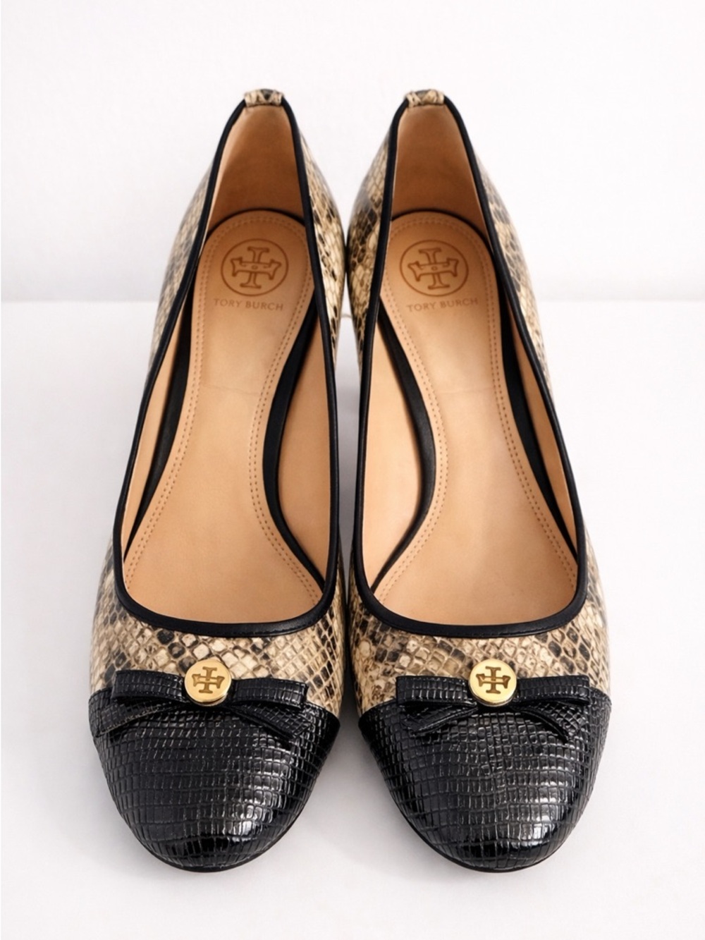 Tory Burch Black & Beige Snakeskin-Print Leather Ballet Flats
